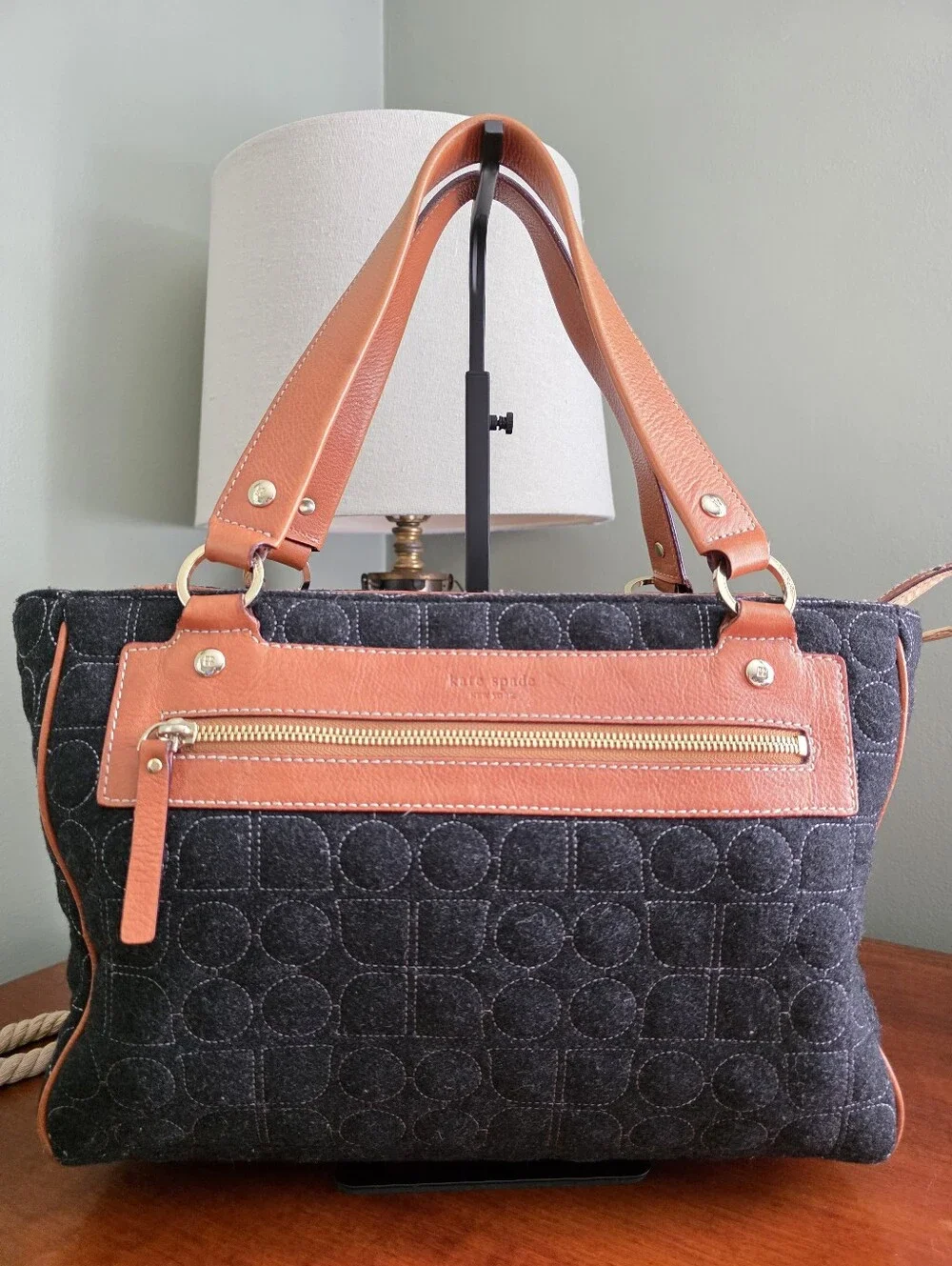 Kate Spade WKRU0223 Quilted Wool Dark Gray Tan Leather Tote Shoulder Bag